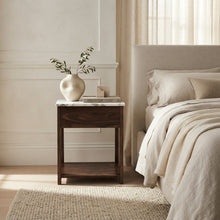 Load image into Gallery viewer, NOVA BEDSIDE TABLE WALNUT WITH CALACUTTA MARBLE
